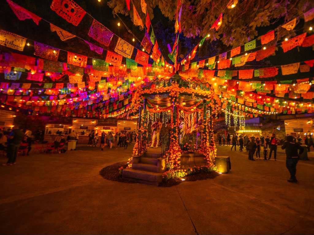 Recepción nocturna con luces colgantes y papel picado