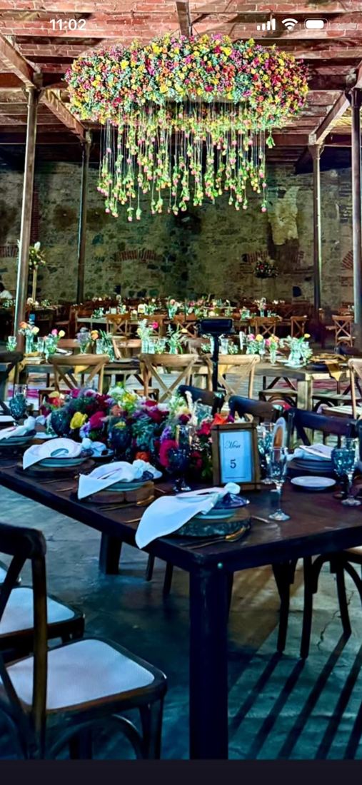 Cena bajo follaje colgante y candelabros